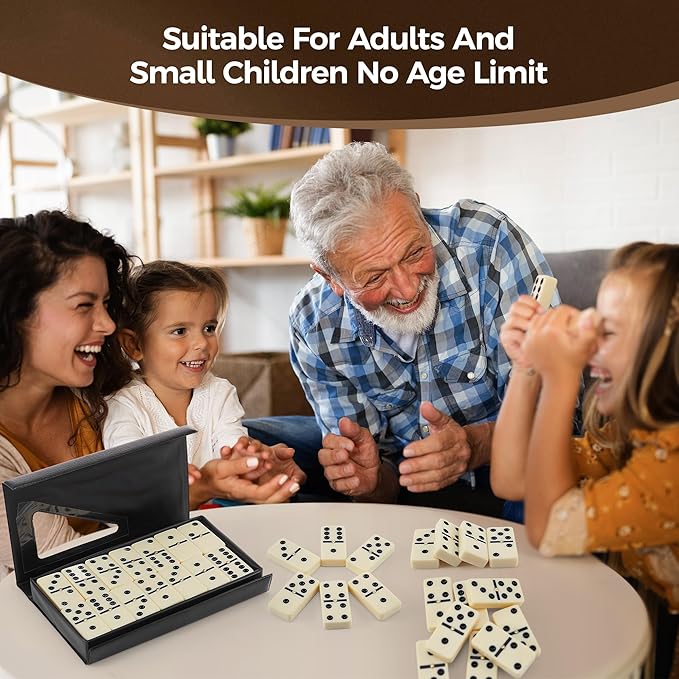PUREPLAY Jumbo Classic Dominoes Double 6 Game Set，Ivory 28pcs Domino Set in Poatable PVC Case-Family Nights,Party Favors,Travel and Anytime Use,2-4 Players