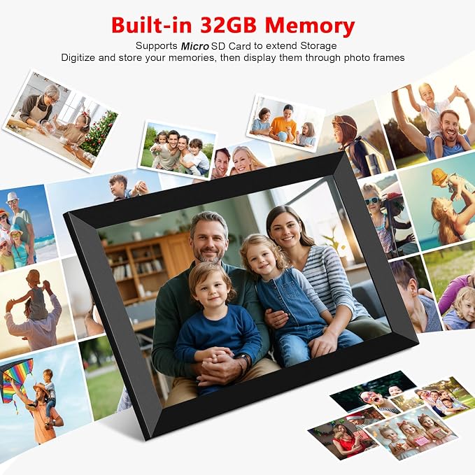 Frameo 10.1 Inch WiFi Digital Photo Frame with Calendar, 32GB Digital Picture Frame with 1280x800 IPS HD Touch Screen, Auto-Rotate Wall Mount, Easy Share Photos/Videos from Phone - Gifts for Mom