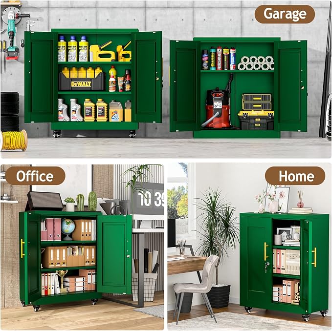 pozdeg 35" Metal Storage Cabinet with Lock and Wheels, Lockable Office File Cabinet with 2 Doors and 2 Adjustable Shelves, Rolling Steel Tool Garage Cabinets for Home Office (Green)