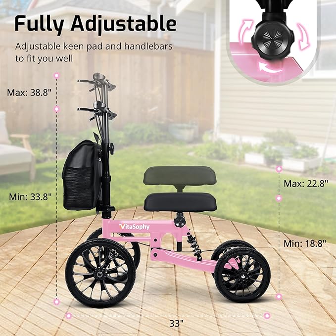 All Terrain Knee Scooter with Disc Brakes, Steerable Knee Walker for Adults for Foot Surgery, Broken Ankle- Foldable Rover Scooter for Broken Foot Injured Leg Crutch (Pink)