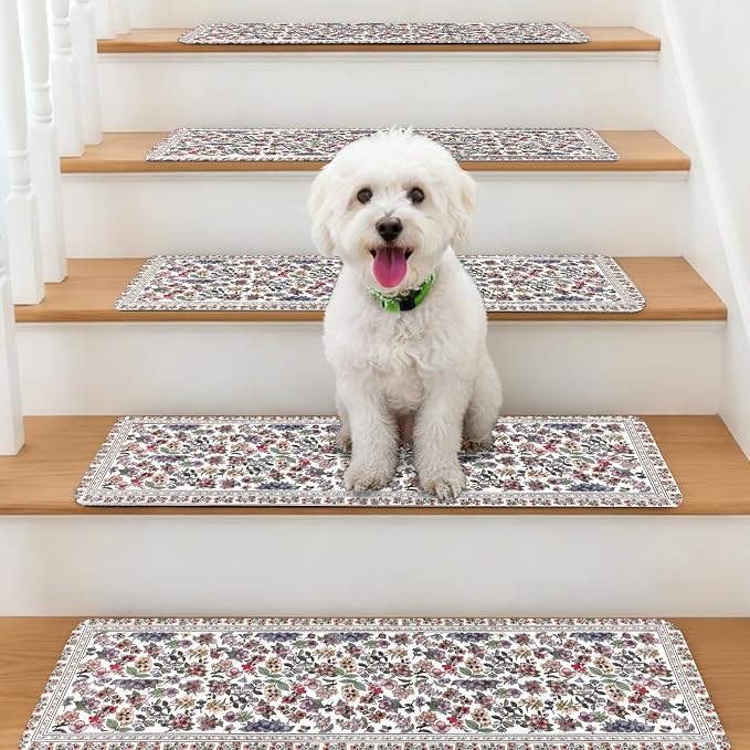 Vintage Floral Stair Treads Non Slip Carpet Stair Treads for Wooden Steps Indoor 15PCS 30"x8" Stair Runner Stair Mats Safety Staircase Step Treads for Elders Kids Dogs White
