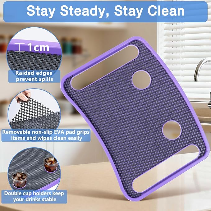 Walker Tray for Seniors with Dual Cup Holders & Side Pouch (Purple) | Durable Food & Drink Table, Lightweight with Non-Slip Pad, Compatible with Walker of 10210-1 Model