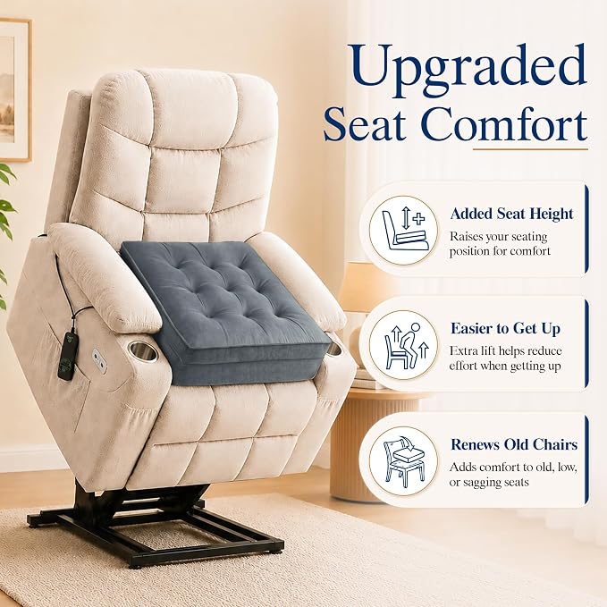 Allaboutsla Recliner Seat Cushion, 20x20x5 Lift Chair Cushion for Elderly | Thick Dual-Layer Recliner Cushion Adds Height, Comfy Recliner Cushions for Long Sitting, Non-Slip Chair Pad for Recliner Gray