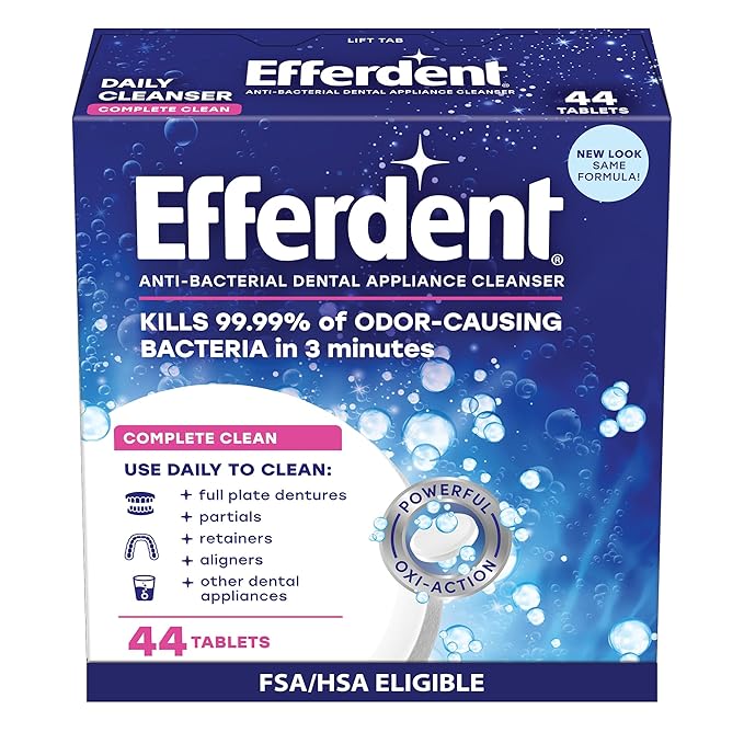 Efferdent Denture Cleaner for Aligners, Dental Appliances & Retainer Cleaner Tablets, 44 Count, Gently Removes Stains, Odor & Plaque Buildup for Dental Appliances