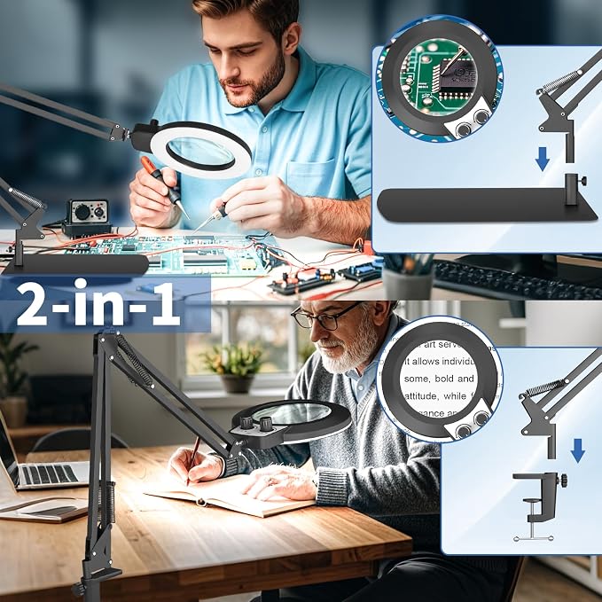 HITTI 12X Magnifying Glass with Light, 2026 Infinite Color and Stepless Dimming Desk Large Lamp & Clamp,2-in-1 LED Hands Free Lighted Magnifier for Craft Hobby Soldering(12X Square Base & Clamp)