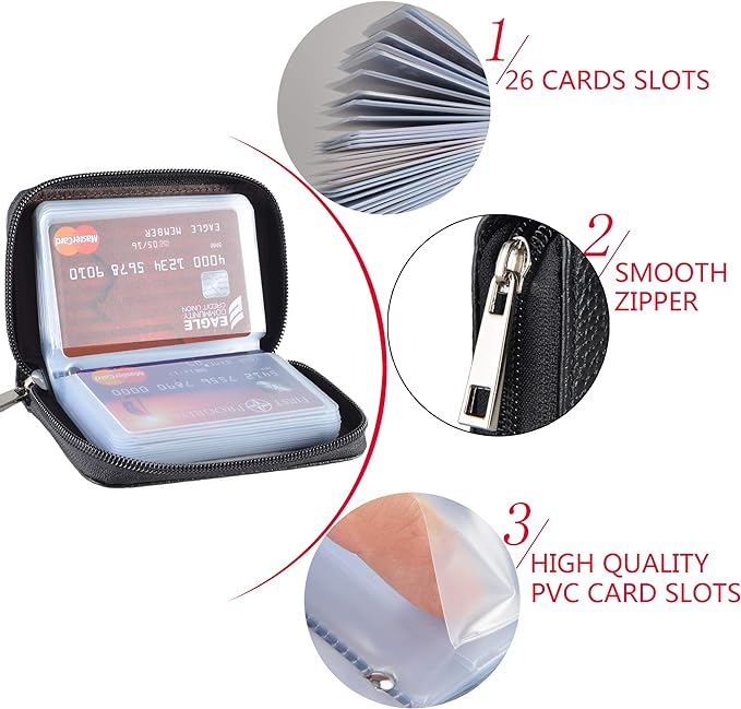Easyoulife Genuine Leather Credit Card Holder Zipper Wallet With 26 Card Slots
