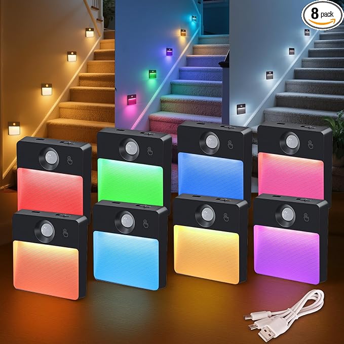 Guankai 8 Pack Motion Sensor Stair Light for Indoor, Rechargeable Battery Operated Night Lights, RGBW Stick On Closet Lamp, Motion Activated Magnetic Lighting Lamps for Step, Cabinet,Hallway,Bathroom