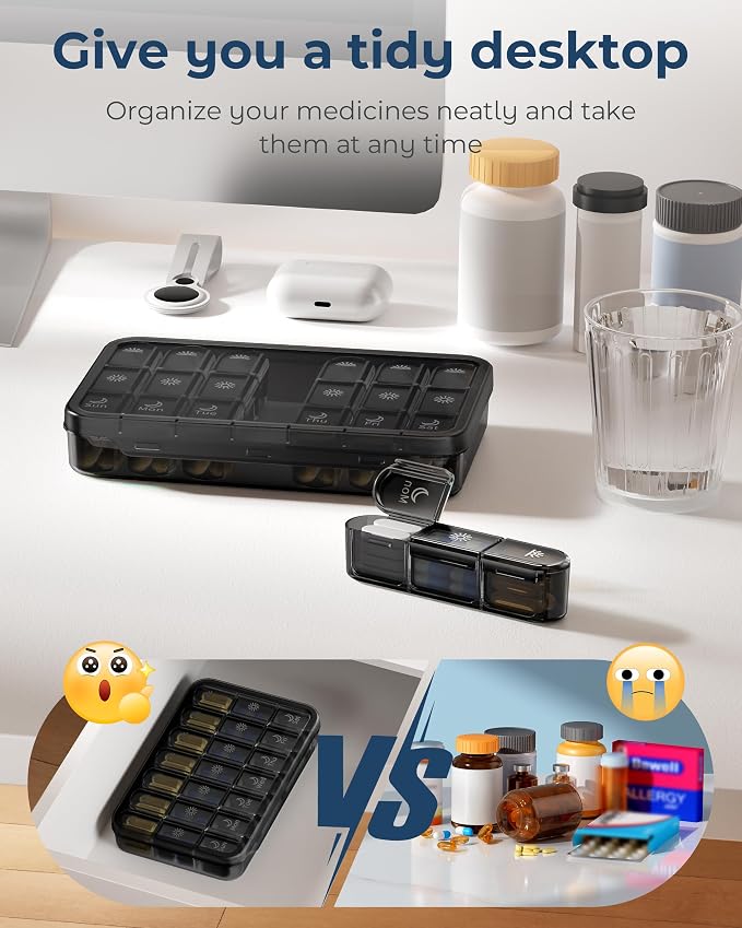 Windtrace Pill Organizer 3X a Day - Midnight Black Portable Pill Case | Easy Carry, 3x Daily, Fade-Proof, Bold Labels, Arthritis-Friendly, One-Handed, Spill-Proof, Double-Layer, ABS Shell