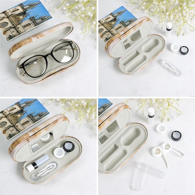 Muf 2 in 1 Contact Lens Case and Glasses Case, Double Sided Design with Mirror, Portable Travel Kit with Tweezer, Remover and Solution Bottle, Red Marble