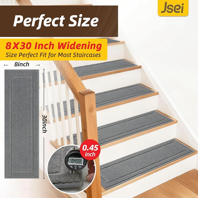 JSEI Stair Treads for Wooden Steps Indoor, 4-Pack, 30" x 8", Light Grey | Non Slip Stair Treads, Washable Polyester Stair Mats with TPE Backing, Low Profile Stair Rugs for Kids, Seniors and Dogs