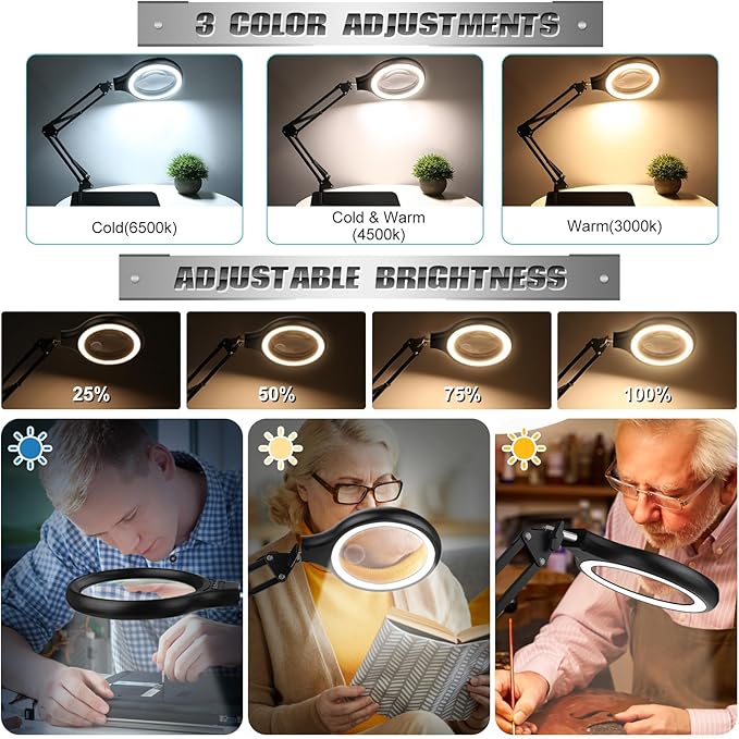 NZQXJXZ 10X 30X Large Magnifying Glass with Light and Stand 5-inch | Lighted Magnifier,3 Color Modes Stepless Dimmable, Hands-Free,Magnifying Desk Lamp for Reading, Craft, Hobby, Close Work