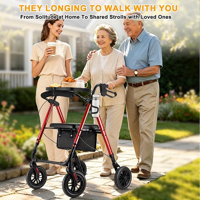 Foldable Rollator Walker for Seniors with Seat,4 Wheel Rolling Walkers | 300lbs walker with tray for Adults & Mobility Impaired|8" Airless Tires|Anti-tip brakes|Adjustable height|Tool-Free Assembly