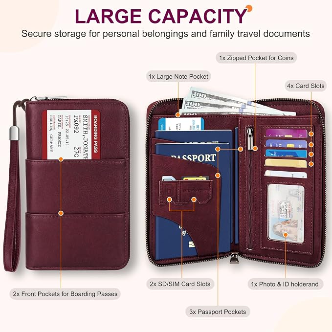 RFID Family Passport Holder Wallet - Travel Document Organizer | PU Leather, with Wristlet, Zipper, Cards, Boarding Pass, ID, Cash, Ticket Pockets,Travel Essentials Gifts for Women Men
