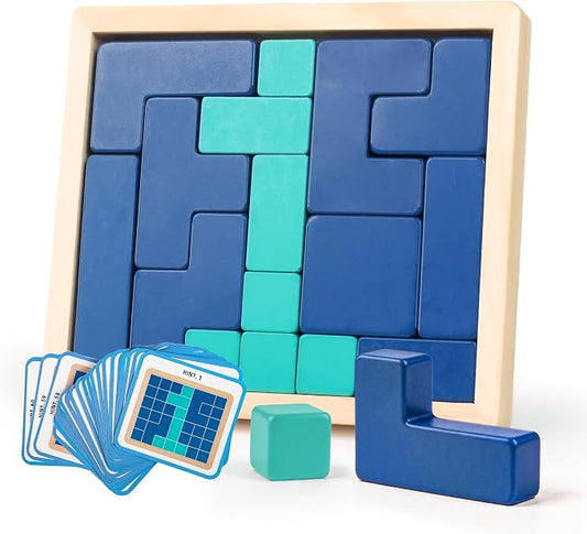 Wooden Puzzle, Memory Care Dementia & Alzheimer’s Seniors w/Storage Tray | 60 Graded Cognitive Support Levels, Easy-Grasp Wood Blocks, Multi-Use Sensory Fidget Tray for Home & Facility Memory Care