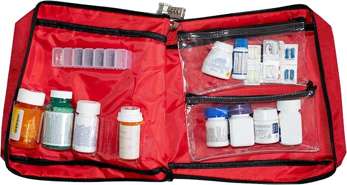 Large Combination Locking Medicine Bag, Red | Includes Pill Box, Removable Clear Bags, Prescription Bottle Organizer, Travel Carry Case, Combination Lock
