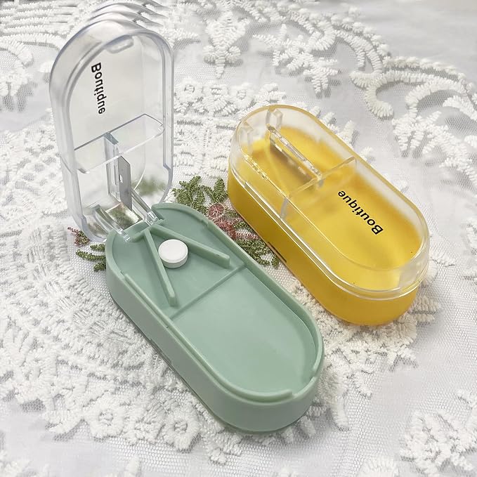 2 Pack Pill Cutter for Small or Large Pills, Portable Pill Splitter 2-in-1 Pill Case with Stainless Steel Blade, Cuts Pills, Vitamins, Tablets