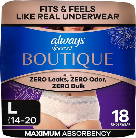 Always Discreet Boutique Incontinence and Postpartum Underwear for Women, Maximum Protection, Large, Rosy, 18 Count
