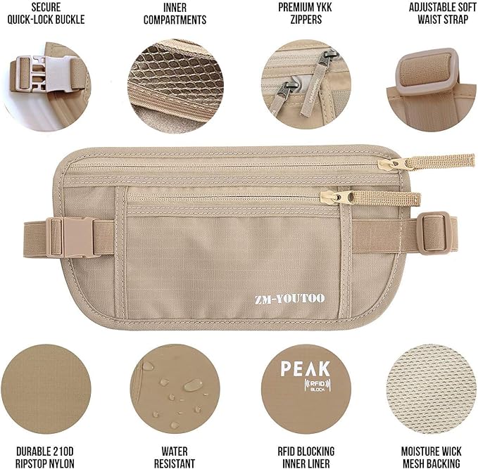 ZM-YOUTOO Money Belt for Travel - Hidden Travel Pouch Protect Your Credit and Money With RFID Blocking Passport Holder Waist Wallet (Khaki)