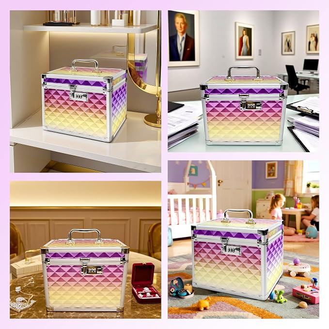 Medication Combination Lock Boxes with Code for Personal Items, Medicine Lockbox for Documents 10 x 7.25 x 7.75 Inches Rainbow Plaid Gold Purple