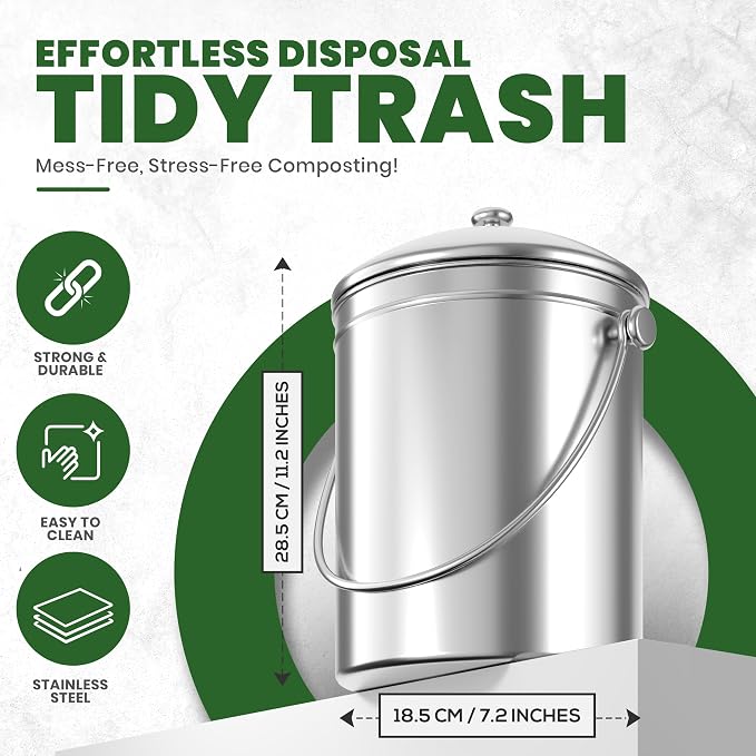 Utopia Kitchen Countertop Compost Bin 1.3 Gallon, Stainless Steel, Silver | Odorless countertop compost bin with charcoal filter, ideal for food scraps and waste