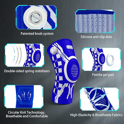Kuangmi Knob Knee Brace for Pain Relief, Knee Support with Patella Gel Pad & Side Stabilizers, Compression Knee Sleeve for Workout, Arthritis, Joint Pain, Meniscus Tear (Blue White,Right,XX-Large,Single)