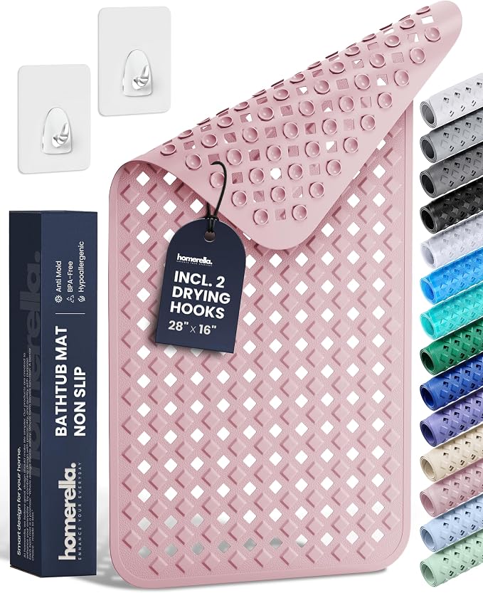 Bathtub Mat Non Slip 28x16 - homerella® Bath Mat Incl. Hooks for Drying, 100% BPA Free, Shower Mat Non Slip Anti Mold, Machine Washable, Shower Mats for Inside Shower Mildew Resistant (Rose)