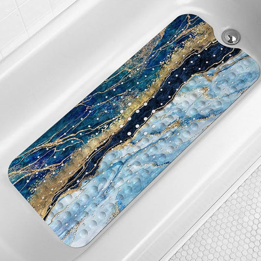 LNOND Marble Bath Tub Mat Non Slip, Extra Long 40 X 16 Inch Anti Slip Mat for Bathtub, Blue and Gold Marble Shower Mat with Drain Holes and Suction Cups, Machine Washable
