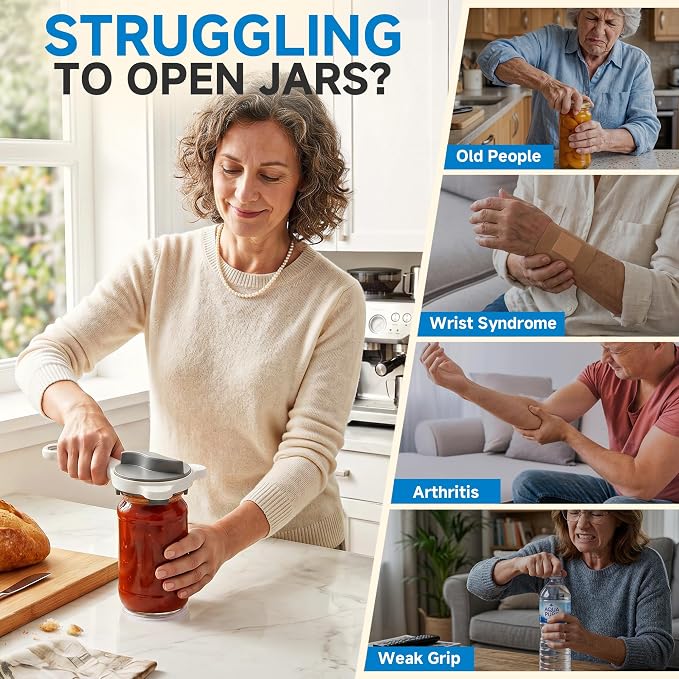 2026 Upgraded 4-in-1 Jar Opener - Adjustable Stainless Steel Lid Remover for Seniors & Arthritis Sufferers, Fits Kitchen Jars, Bottles & Cans Grey
