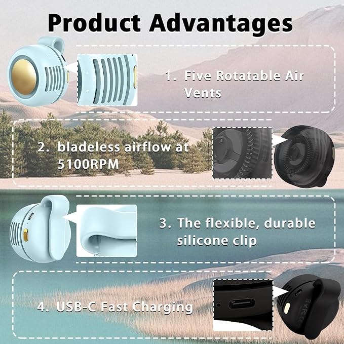 Portable Clip-On Fan, Mini USB Rechargeable 360° Rotatable Fan, Personal Fan 3-Speed Silent Mini Bladeless Fans (2 pack（Black and Blue）)