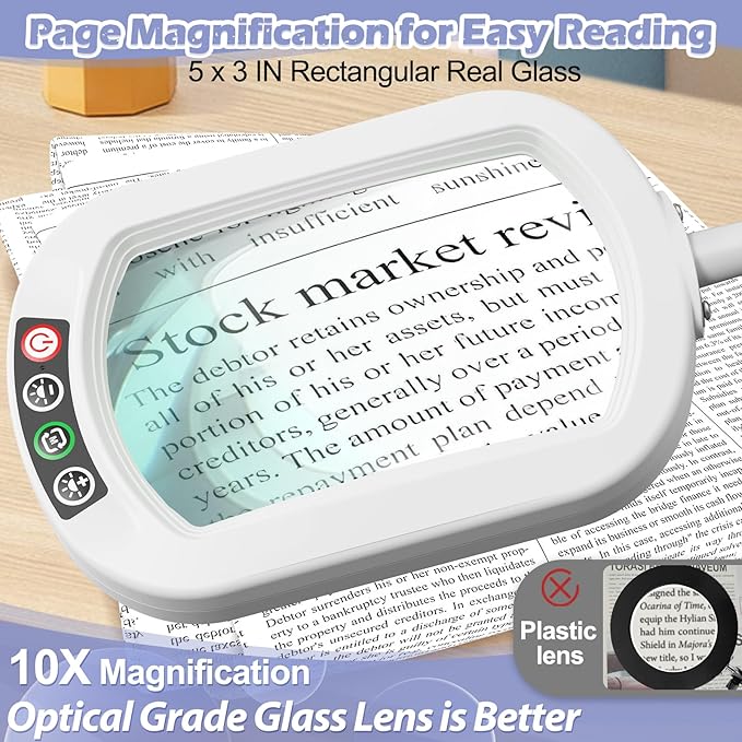 Drdefi 10X Rectangular Real Glass Magnifying Glass with Light and Stand, 24" Flexible Gooseneck Floor Lamp, 5 Color Modes Stepless Dimmable, 3-in-1 LED Lighted Magnifier Light for Reading Crafts White
