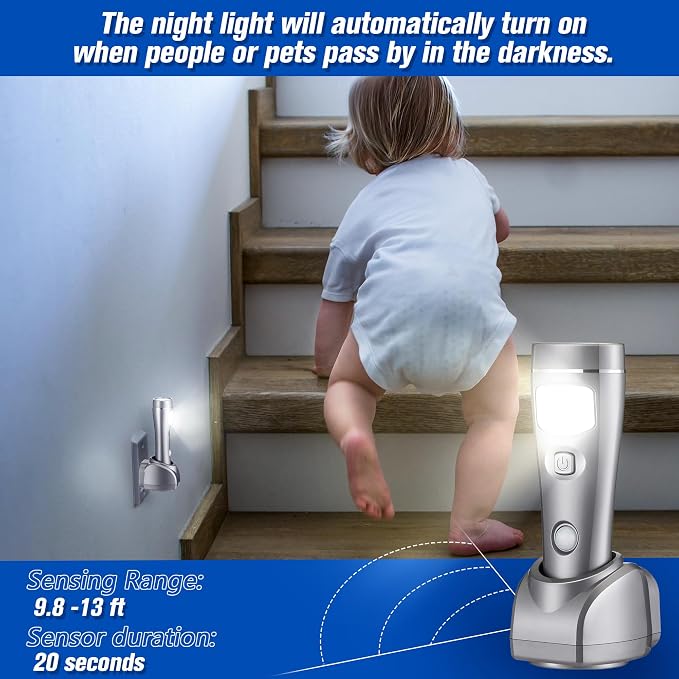 Enhon 3 Pack 4 in 1 LED Emergency Lights for Home Power Failure, Rechargeable Plug in Flashlight Motion Sensor Night Light, Automatic Turn On Power Outage Light for Home Hurricane Supplies (Silver)
