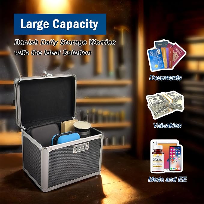 lock box with code, Large Lock Box for Storing Medications & Valuables with Code, 10x8x7.25 Inch Aluminum Alloy Locked Storage Box