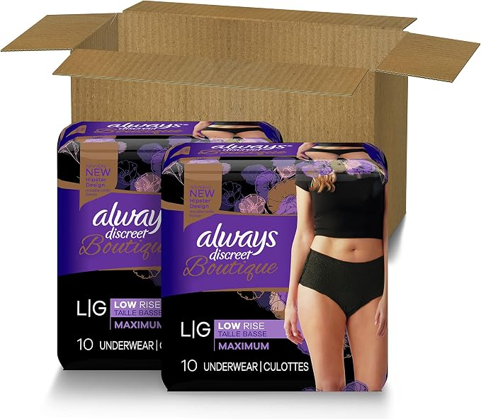 Always Discreet Boutique Low-Rise Postpartum Incontinence Underwear Size L Maximum Absorbency, Up to 100% Leak Protection, Black, 10 Count (Pack of 2)