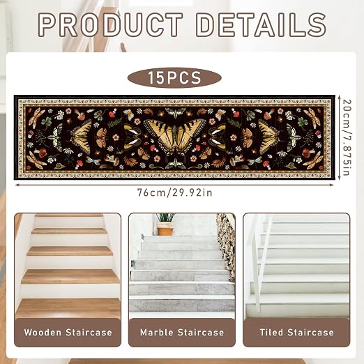 Moth Mushroom Stair Treads 15 Pack Non Slip Washable Stair Runner | 15PCS Moth Runners Non Slip Washable, Forest Mushroom Carpet Stairs, 8x30 Inch Silicone Backing
