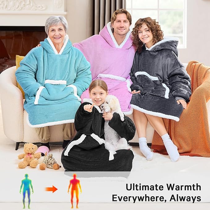 JOYWOO Black Kids Wearable Blanket Hoodie,Oversized Cat lovers Hoodie Blanket for kids & Teens,Birthday Gifts for Girl Boys,Warm Cozy Fuzzy Sherpa Fleece Sweatshirt Blanket with Giant Pocket Gifts