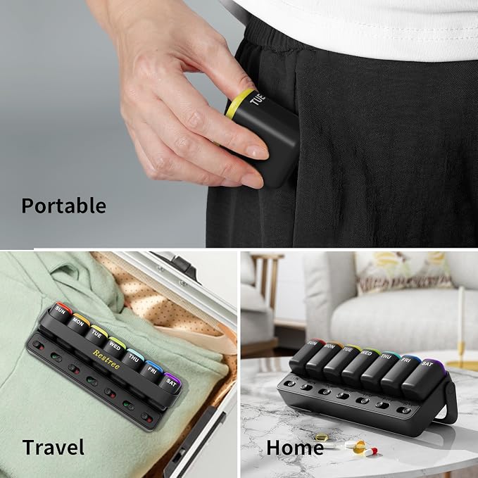 Restree Weekly Pill Organizer 7 Day, Large Capacity Pill Box with Reminder Indicator, Easy Slide Open Detachable Travel Pill Case for Vitamins Supplements & Daily Medications (Black)