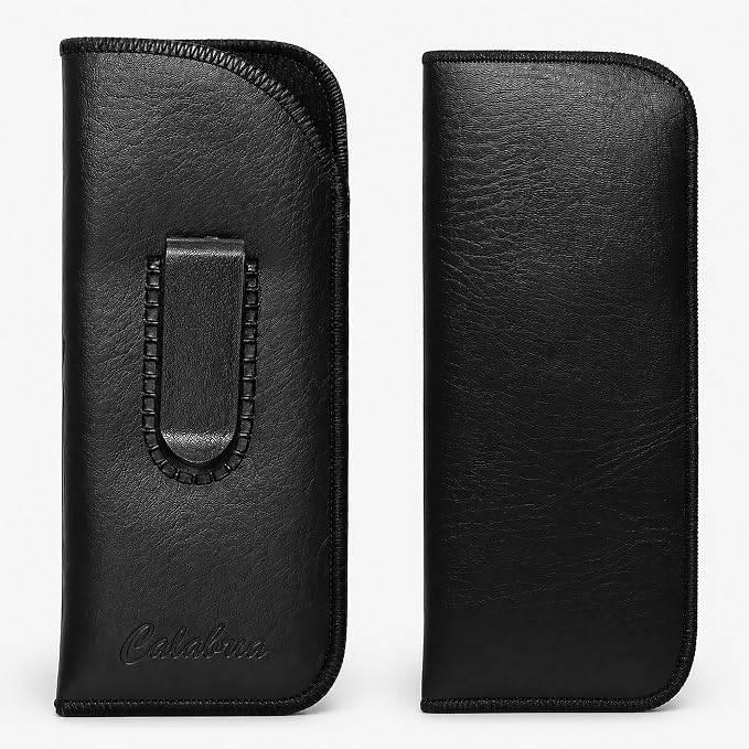 Calabria Slim Eye Glasses Case w/Clip Soft PU Leather Black Men Women Eyeglasses Pouch Slip-In Eyewear Holder Sunglass Bag - 50PACK