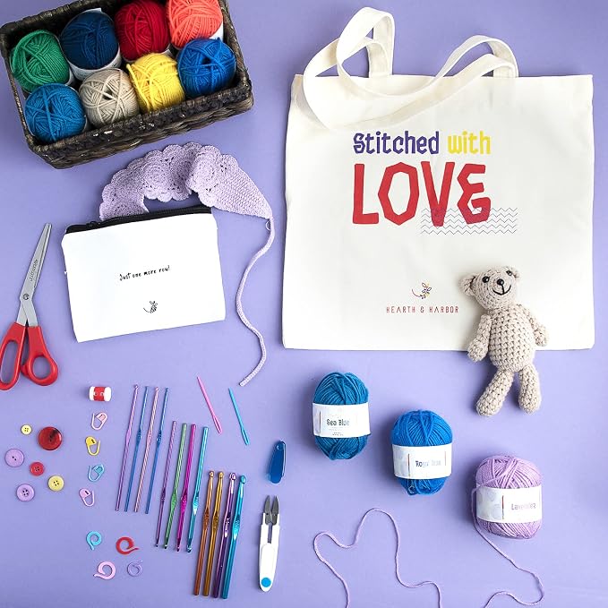 Hearth & Harbor Crochet Kit with 1100 Yards Assorted Yarn Kit, 9 Ergonomic Hooks, Crocheting Instruction, Knitting & Crochet Supplies - Beginner Crochet Kits for Adults, Ideal for Amigurumi