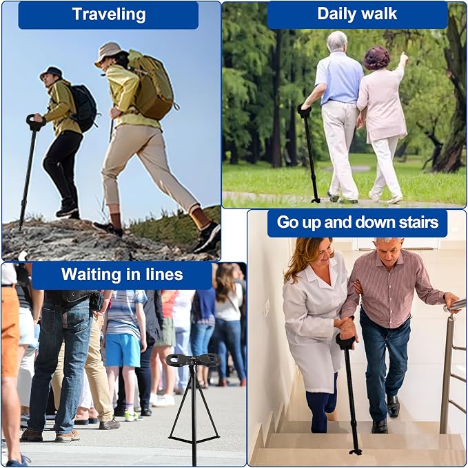 Walking Cane with Seat, Cane Chair with Cushion Folding Lightweight Portable Seat for Adults Seniors Camping Hiking Travelling