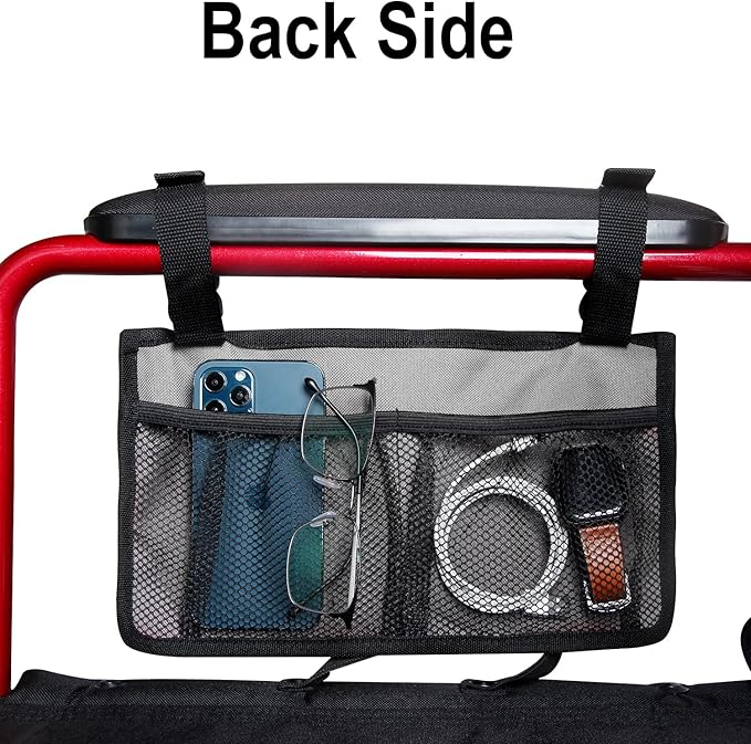 Wheelchair Side Bag, Armrest Storage Pouch with Cup Holder and Reflective Strip Use of Waterproof Fabric, for Most Wheelchairs, Walkers or Rollators (Gray)