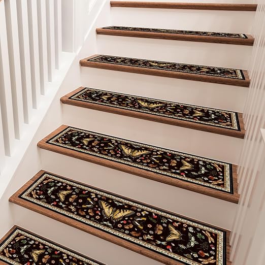 Moth Mushroom Stair Treads 15 Pack Non Slip Washable Stair Runner | 15PCS Moth Runners Non Slip Washable, Forest Mushroom Carpet Stairs, 8x30 Inch Silicone Backing