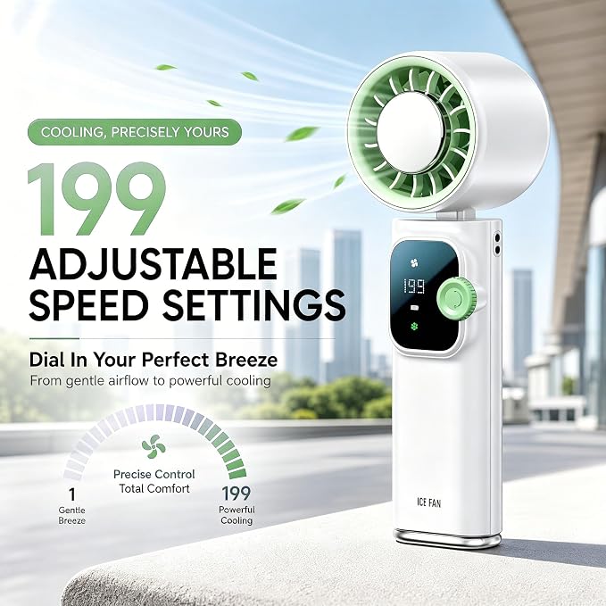 Portable Handheld Fan with Ice Cooling Personal Rechargeable Mini Neck Fan | 20000RPM,199-Speed 4000mAh Battery Powered up to 15hrs with LED Display for Travel, Camping & Outdoor, White