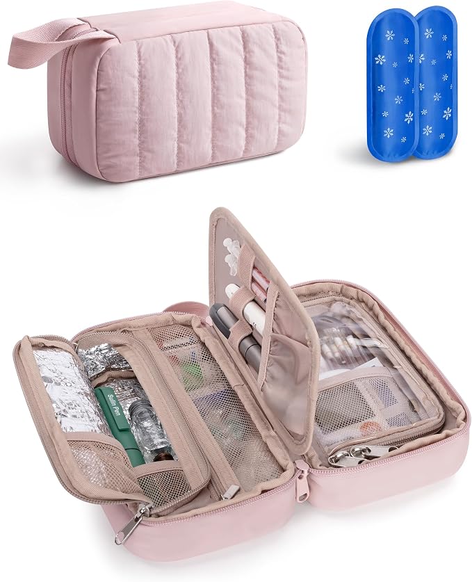 Marscamd Puffy Diabetes Travel Case with 2 Ice Packs, Insulin Cooler Travel Case with Multiple Pockets, Pink