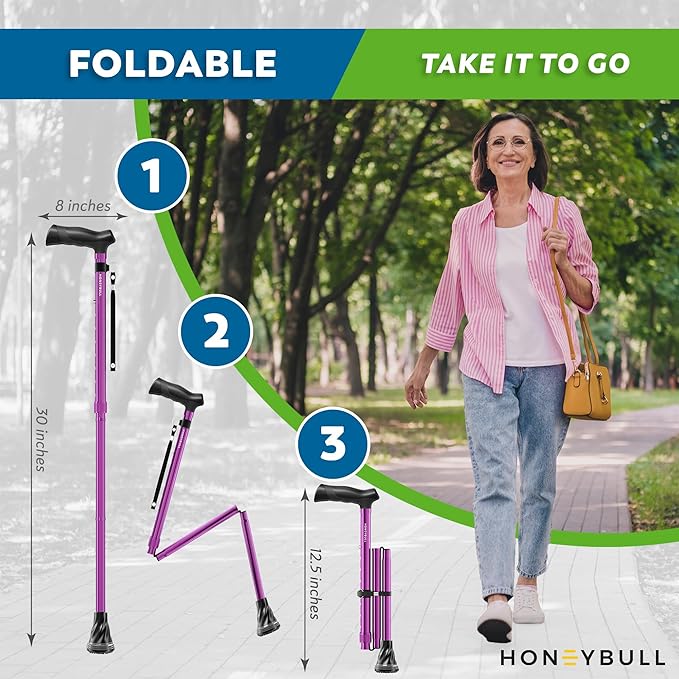 HONEYBULL Walking Cane for Men & Women – Foldable, Adjustable, Lightweight Cane with Air Cushion Tip for Stability & Ergonomic Grip, Heavy Duty Walking Sticks for Seniors