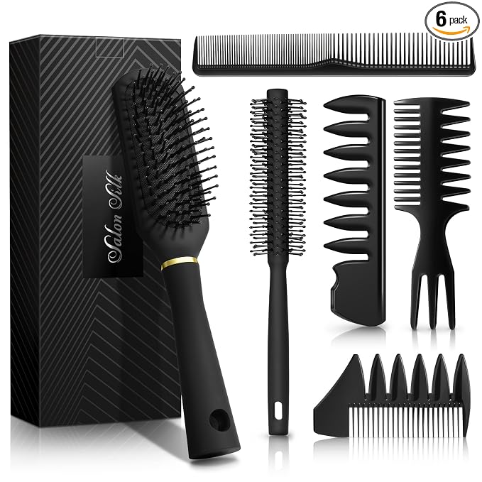 SALONSILK 6PCS Mens Hair Brush & Styling Comb Set | Fine & Wide Tooth Comb, Roller and Gel Hair Brush for Men, Professional Barber Tools for All Hair Types