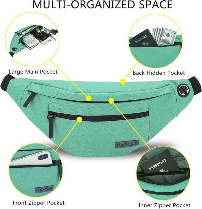 MAXTOP Large Green Crossbody Fanny Pack Belt Bag for Women Men Passport Bag | 4-Zipper Pockets,Polyester,Gifts for Enjoy Festival Sports Workout Traveling Running Casual Hands-Free Waist Pack