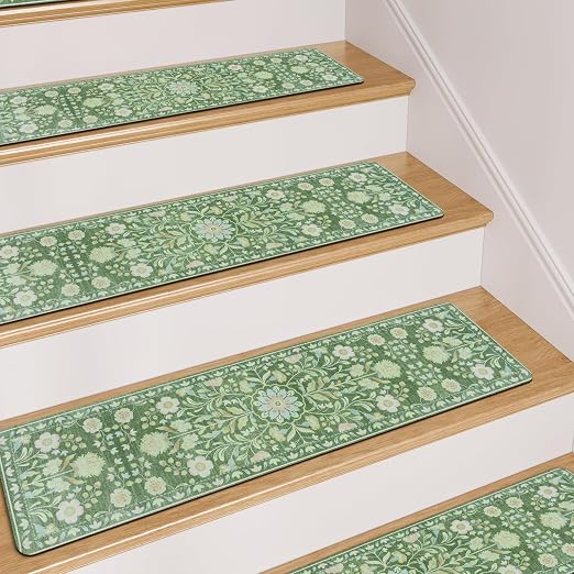 OJIA Stair Treads Non Slip Stair Runners for Wooden Steps 15PCS 8"x30" | Floral Carpet Stair Treads for Wood Stairs Indoor Staircase Step Treads for Kids & Dogs, Rubber Backing Stair Covers, Green