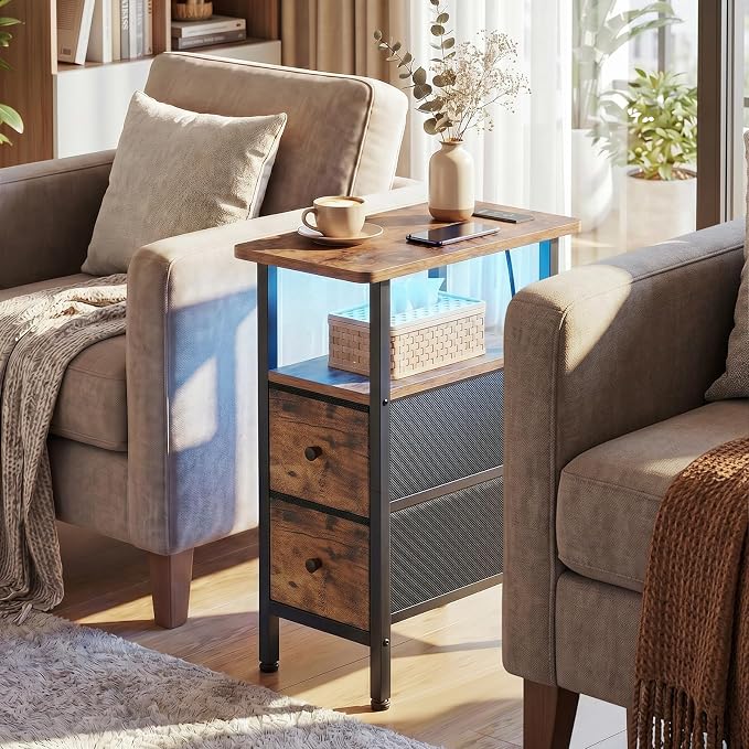 Narrow End Table with Charging Station, Small Nightstand | Skinny Side Tables Living Room with 2 Fabric Drawers, Bedside Table with LED Lights for Bedroom, Small Spaces, Rustic Brown