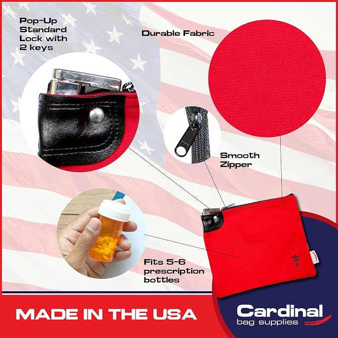 Canvas Medication Organizer Lock Bag, Red, 8 x 10 | Travel Pill Organizer, 2 Keys Included, Heavy Duty Lock System, Pill Pouch