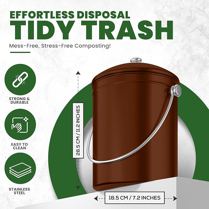 Utopia Kitchen Countertop Compost Bin 1.3 Gallon, Stainless Steel, Copper | Odorless countertop compost bin with charcoal filter, ideal for food scraps and waste